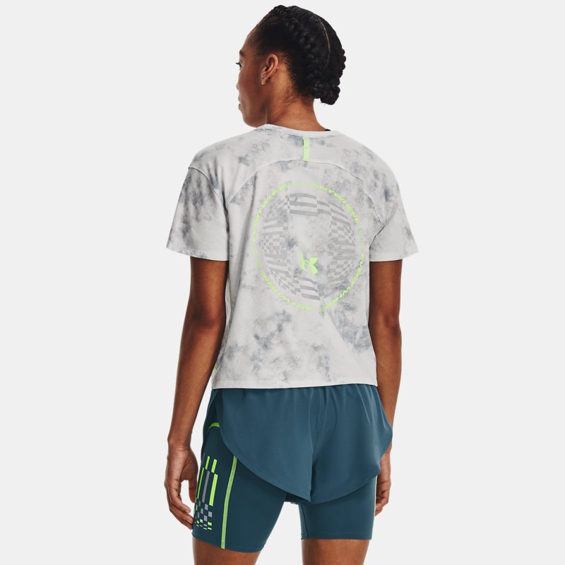Women's Under Armour Run Anywhere Graphic Short Sleeve Gray Mist / Harbor Blue / Lime Surge L